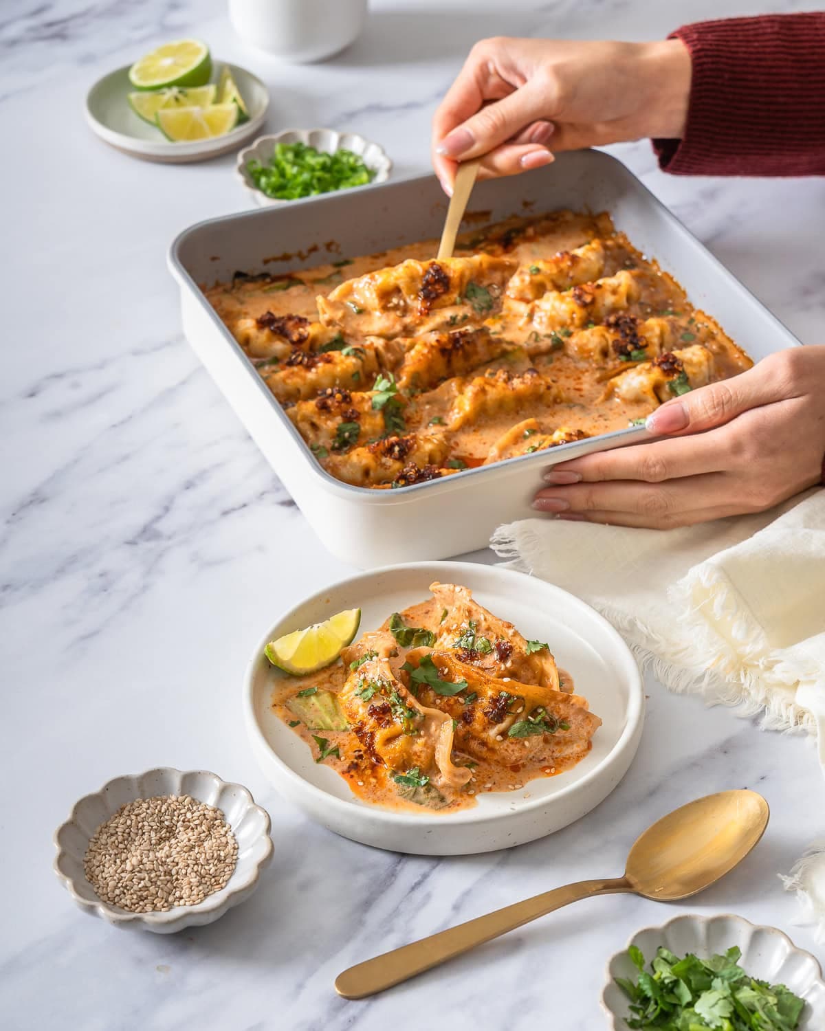 Dumpling Bake with Coconut Curry Sauce and Tender Bok Choy