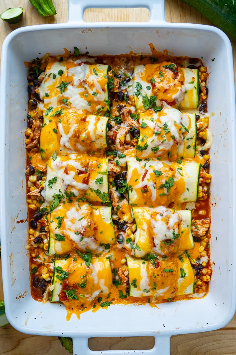 Zucchini Enchilada Roll Ups with Cheesy Chicken and Black Bean Filling