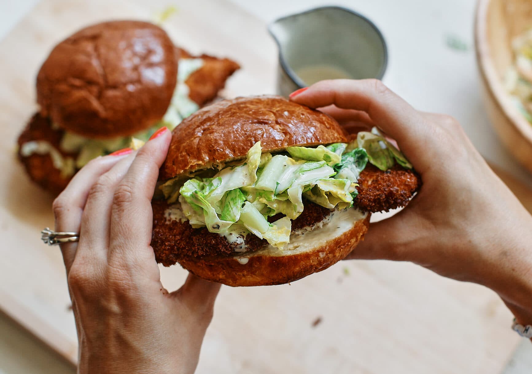 Crispy Chicken Caesar Sandwich with Tangy Dressing and Romaine