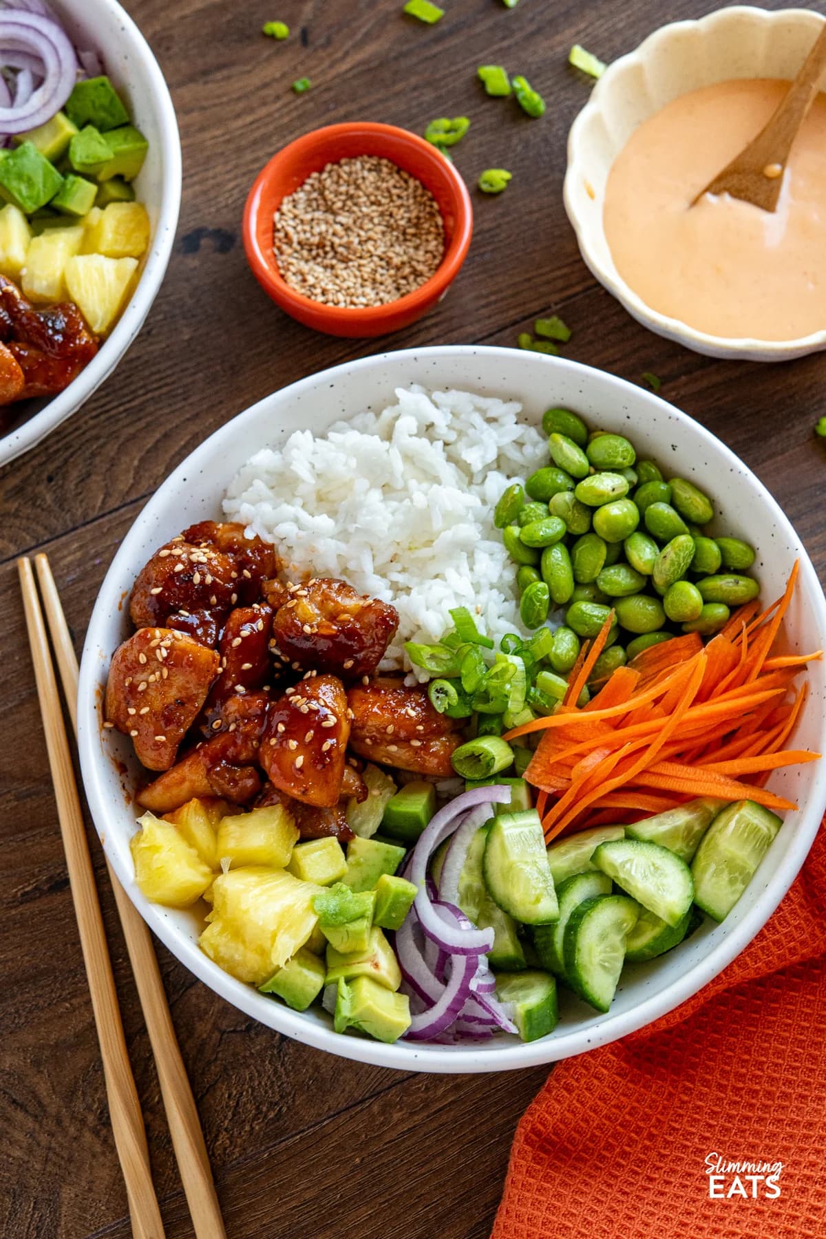 Hawaiian Chicken Poke Bowl with Sticky Chicken, Pineapple, and Spicy Mayo