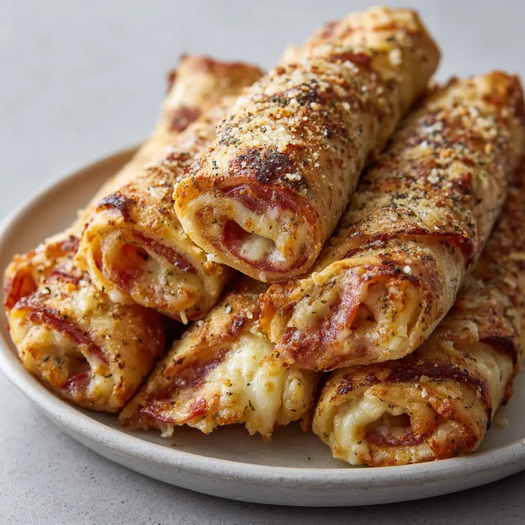 Pepperoni Pizza Roll Breadsticks with Garlic Butter and Mozzarella