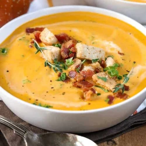 Creamy Pumpkin Soup With Smoky Bacon and Crunchy Croutons
