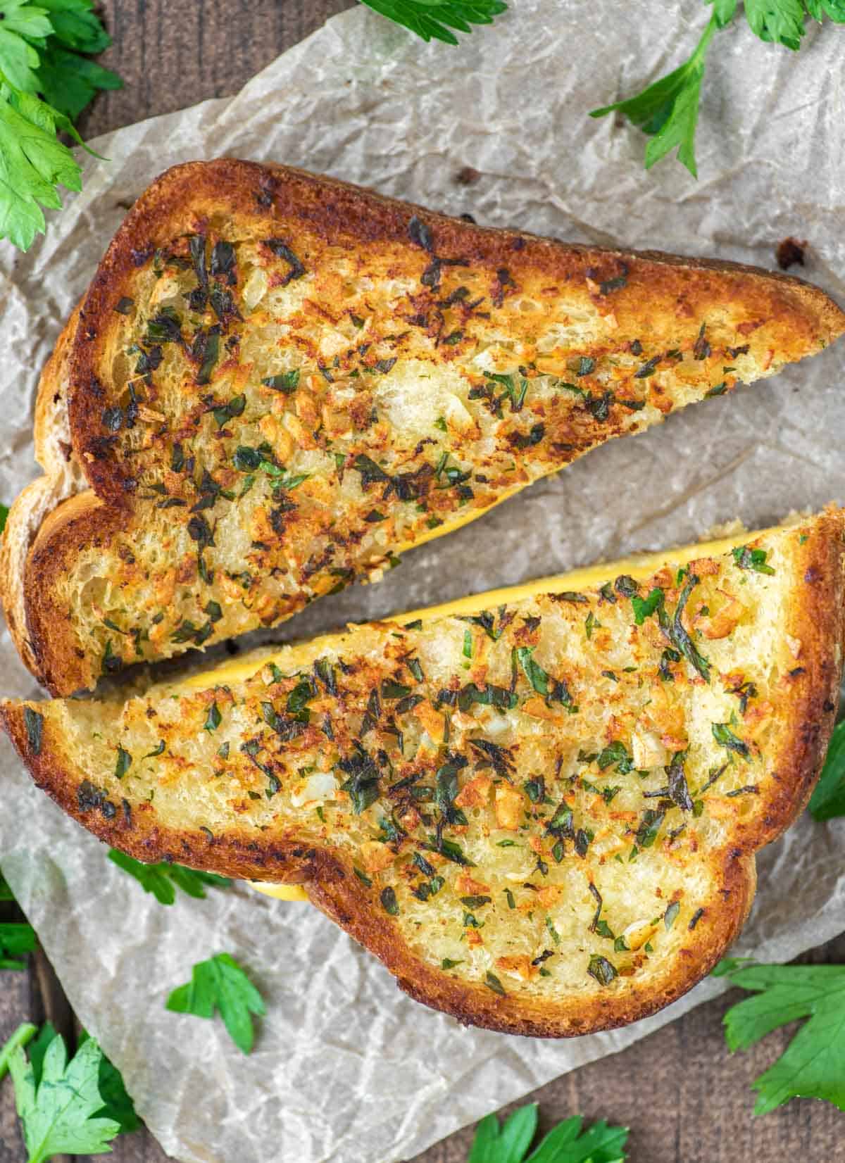 Garlic Bread Grilled Cheese with Crisp Pecorino Garlic Butter
