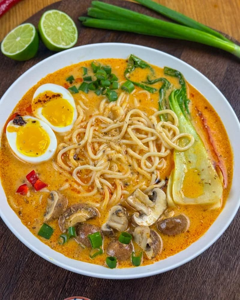 Creamy Peanut Coconut Ramen with Mushrooms and Pak Choi