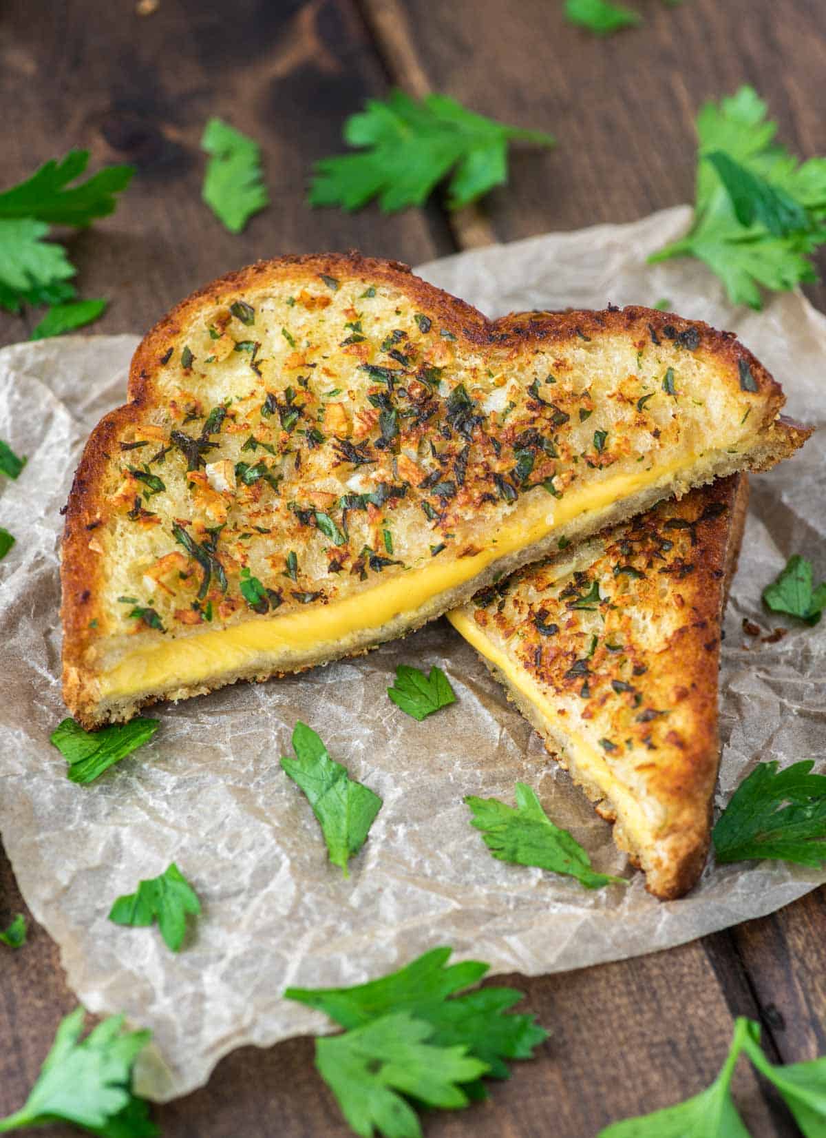 Garlic Bread Grilled Cheese with Crisp Pecorino Garlic Butter