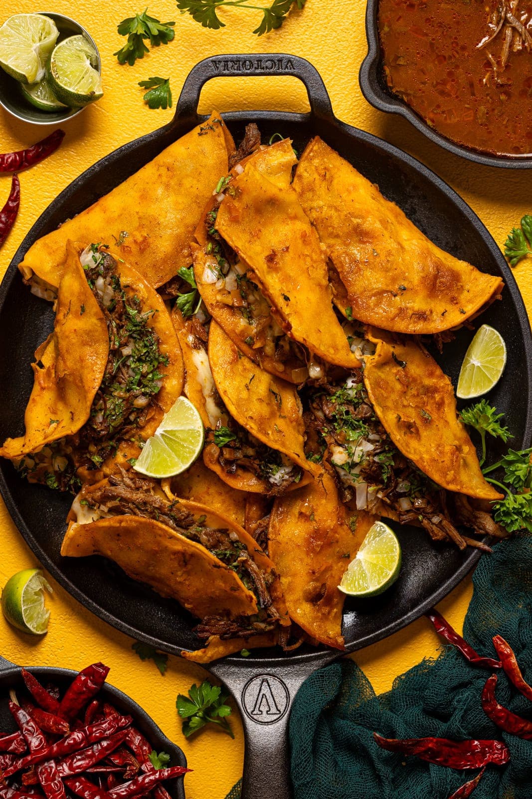 Beef Birria Tacos with Oaxaca Cheese and Crispy Corn Tortillas