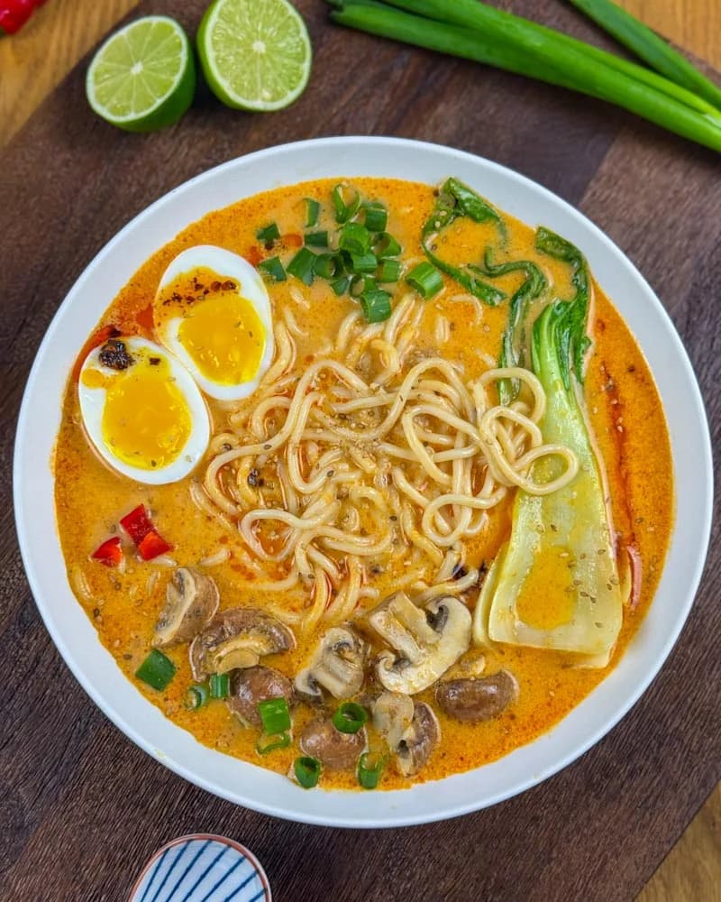 Creamy Peanut Coconut Ramen with Mushrooms and Pak Choi