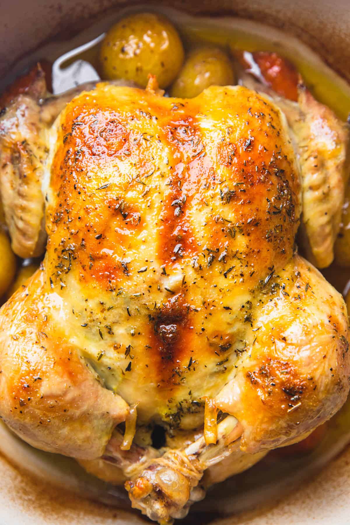 Dutch Oven Whole Chicken with Crispy Skin and Herb Butter