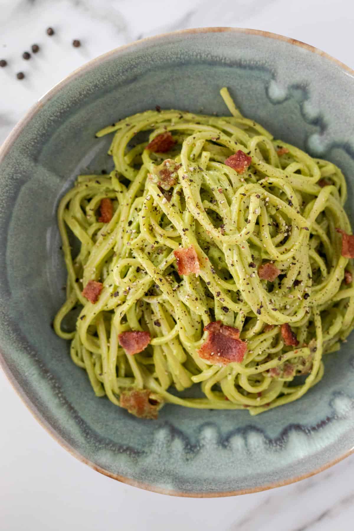 Avocado Carbonara with Creamy Kale Sauce, Bacon, and Parmesan