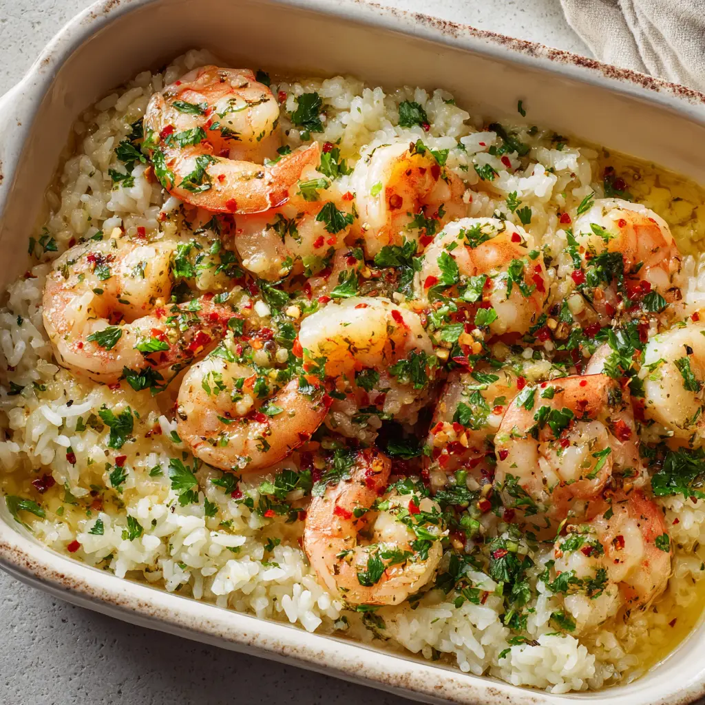 Garlic Butter Shrimp Rice Bake with Long-Grain Rice