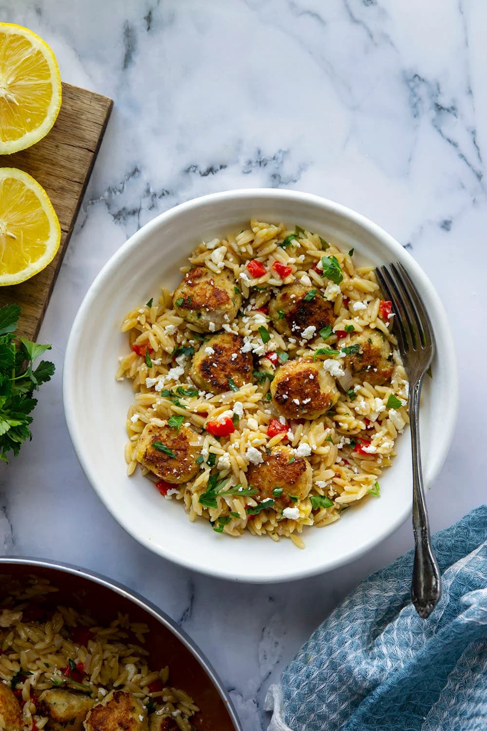 One-Pot Greek Meatballs and Orzo with Feta and Lemon