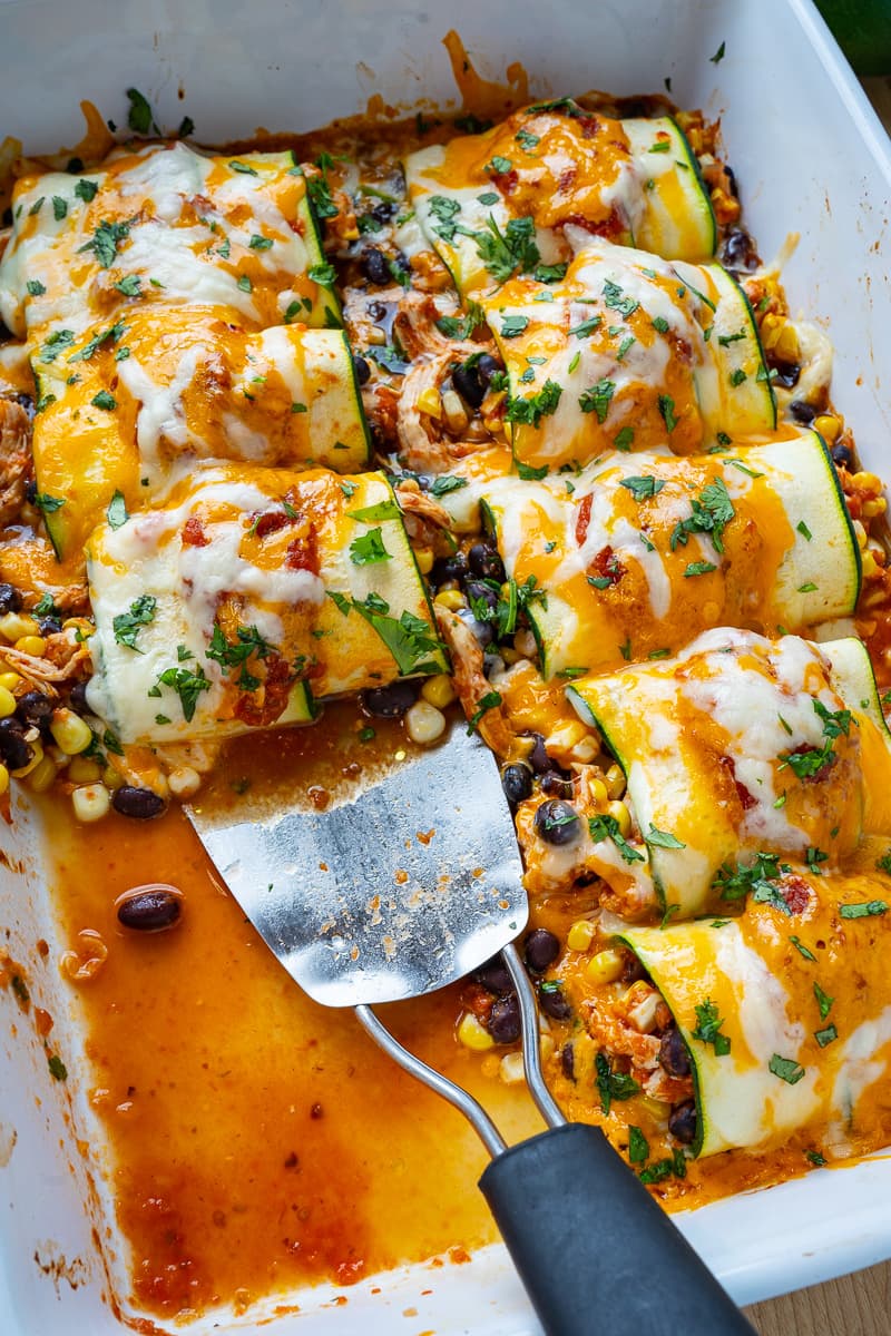 Zucchini Enchilada Roll Ups with Cheesy Chicken and Black Bean Filling