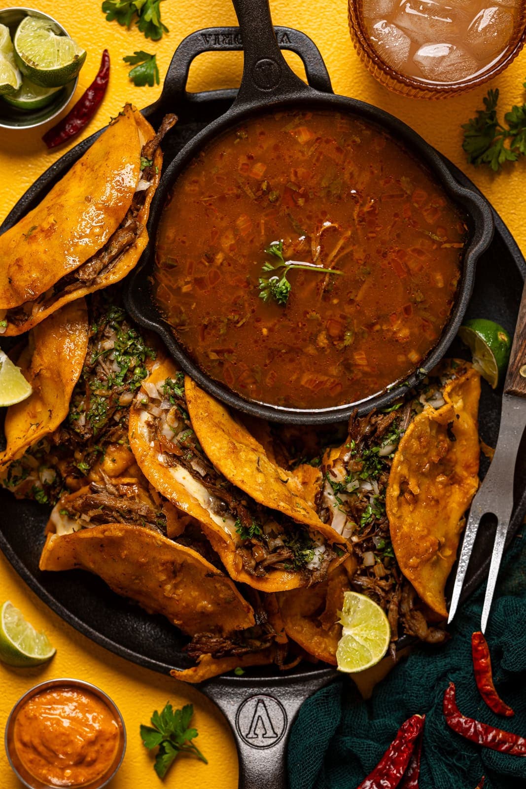 Beef Birria Tacos with Oaxaca Cheese and Crispy Corn Tortillas