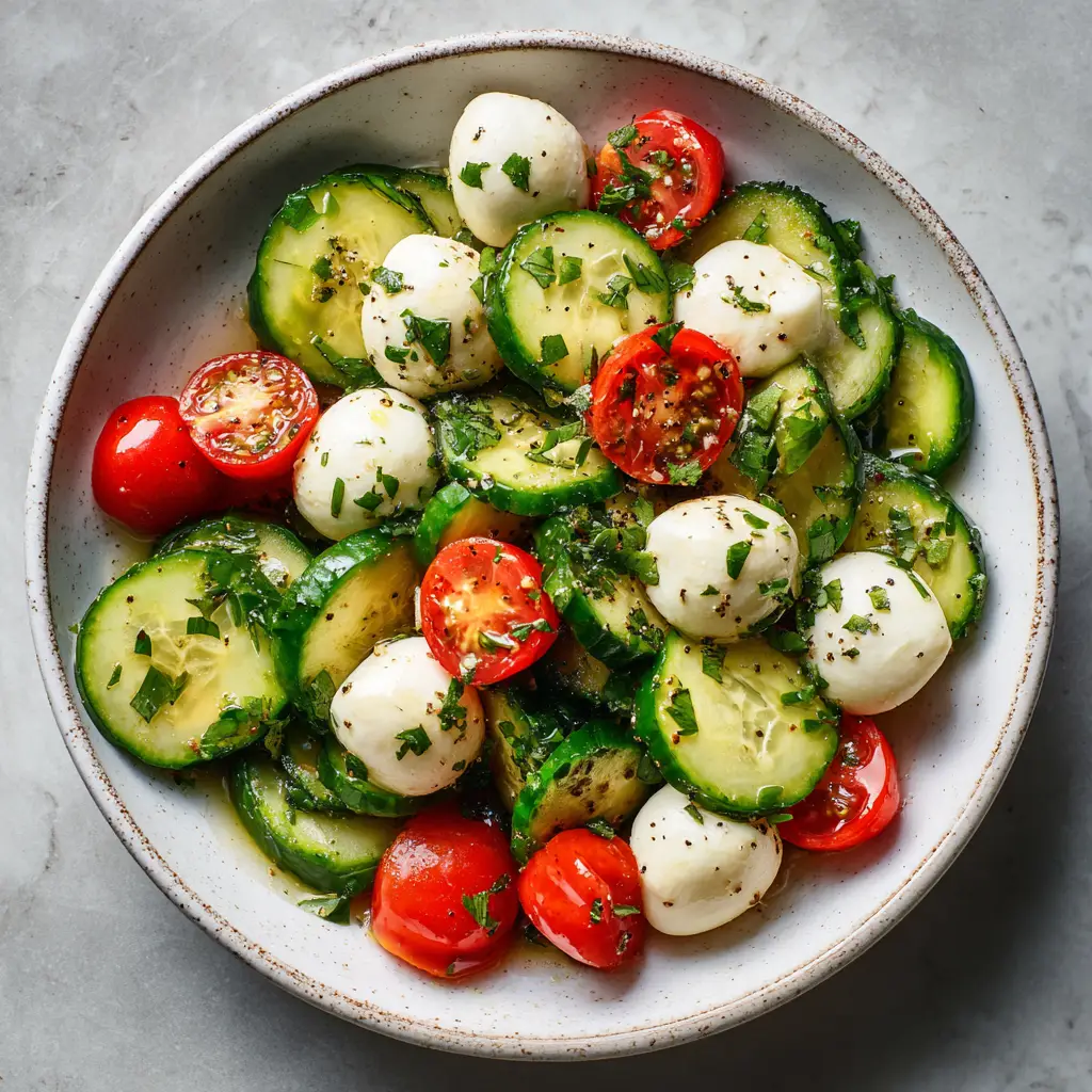 Cucumber Mozzarella Salad with Cherry Tomatoes and Clear Vinaigrette