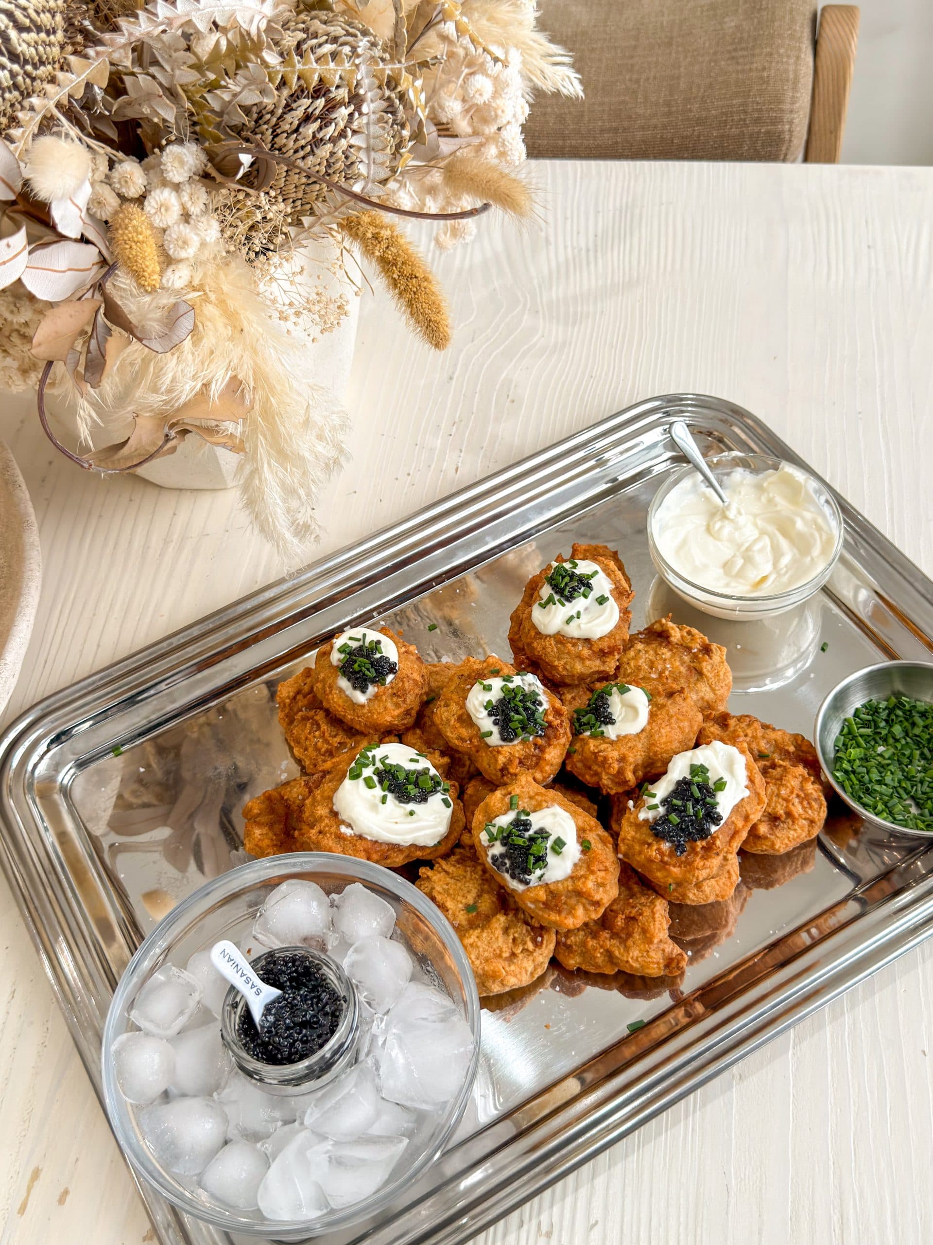 Crispy Chicken Nuggets with Crème Fraîche and Briny Caviar