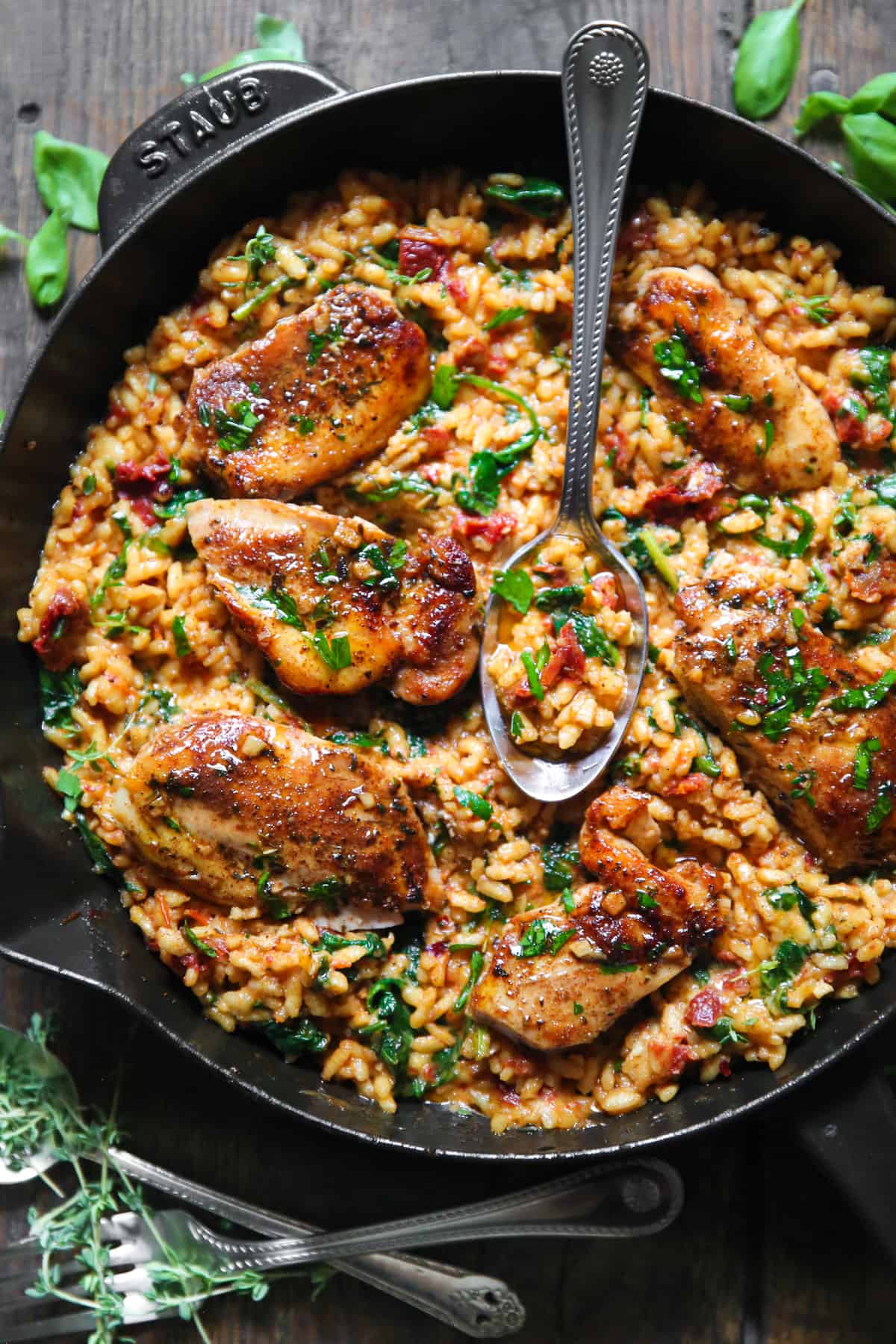 Chicken Risotto with Sun-Dried Tomatoes, Spinach, and Parmesan