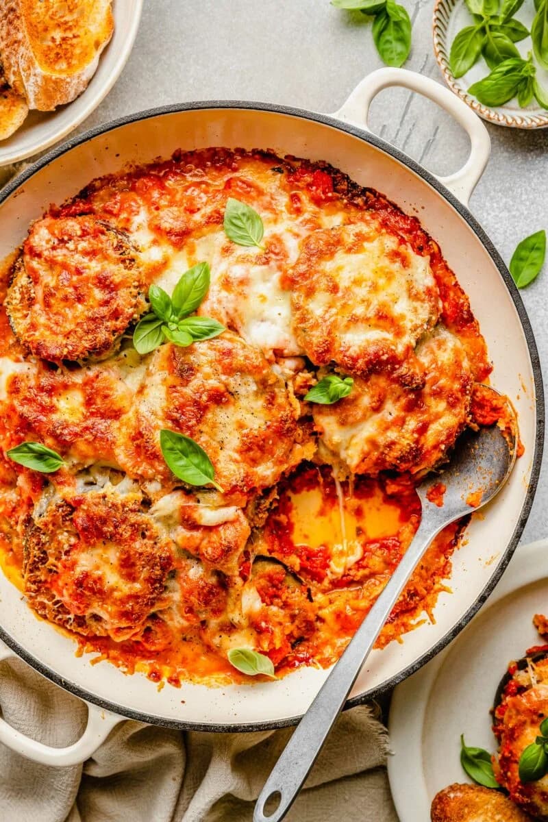 Eggplant Parmesan with Crisp Pan-Fried Layers and Bubbly Cheese