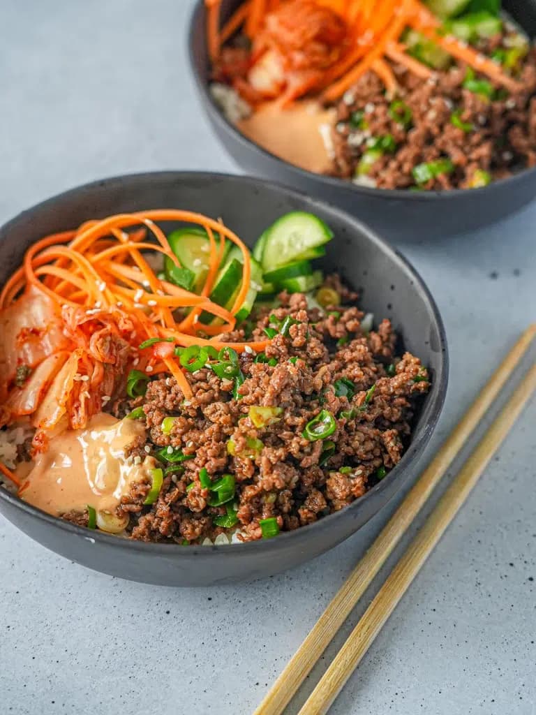 Korean Beef Rice Bowls With Creamy Gochujang Mayo and Kimchi