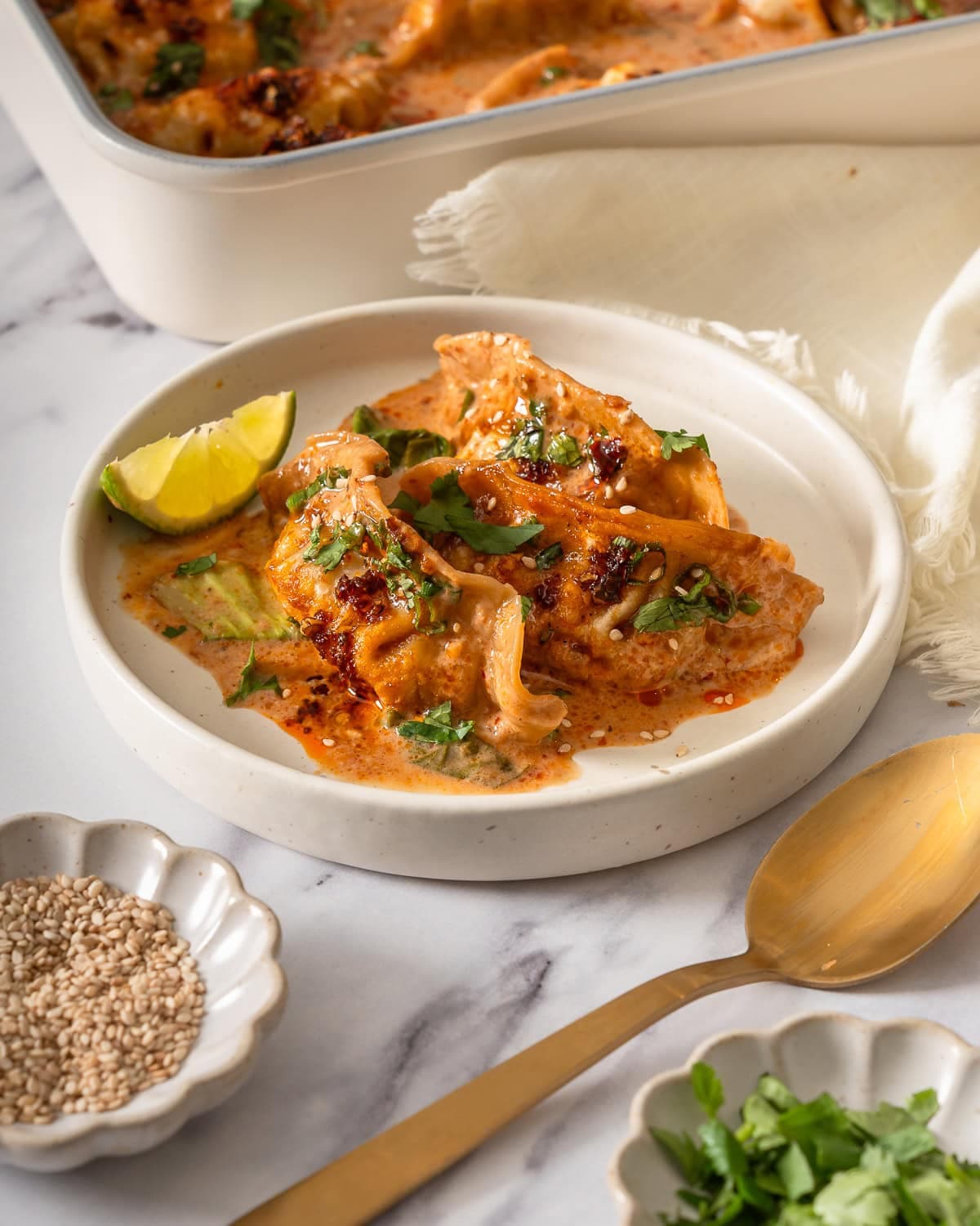 Dumpling Bake with Coconut Curry Sauce and Tender Bok Choy