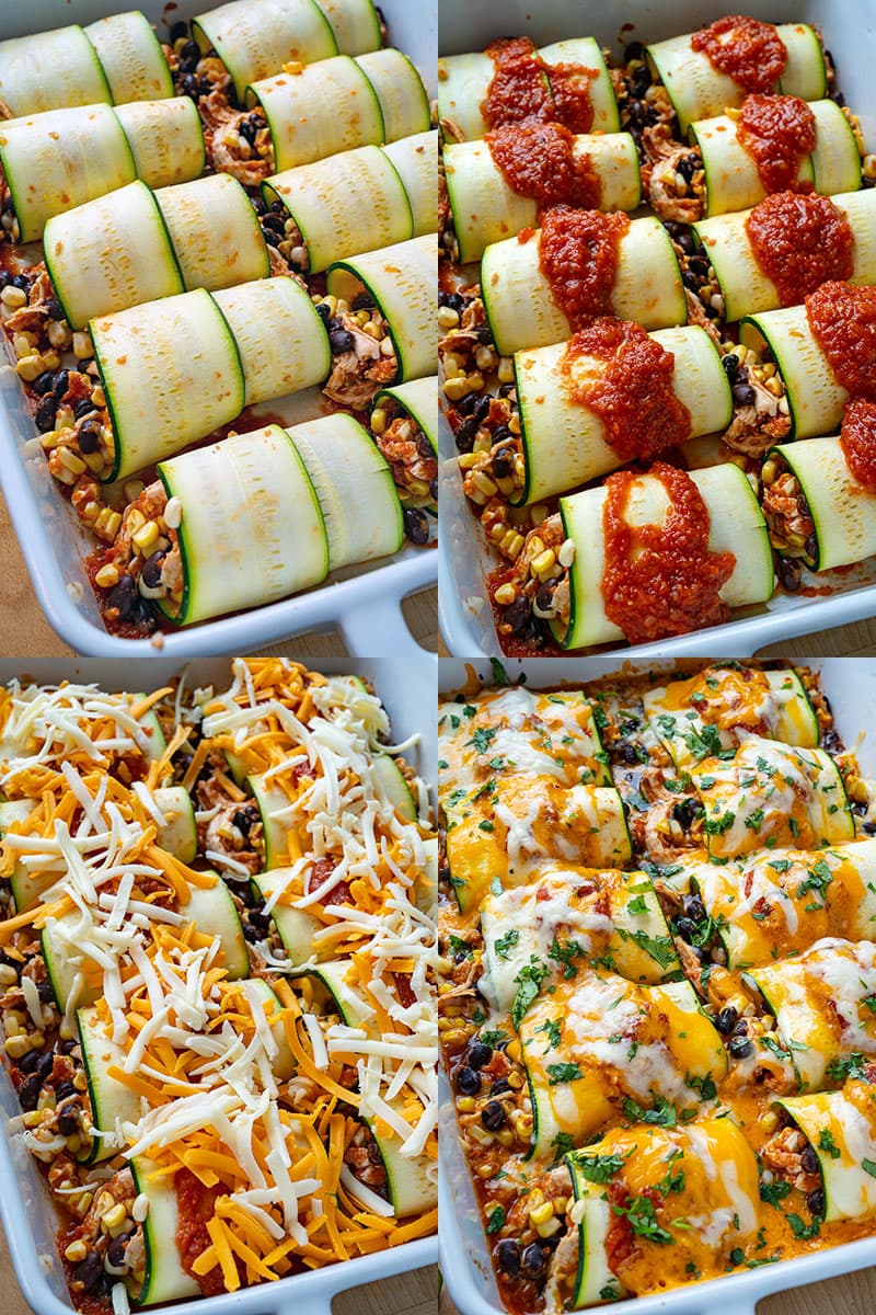 Zucchini Enchilada Roll Ups with Cheesy Chicken and Black Bean Filling