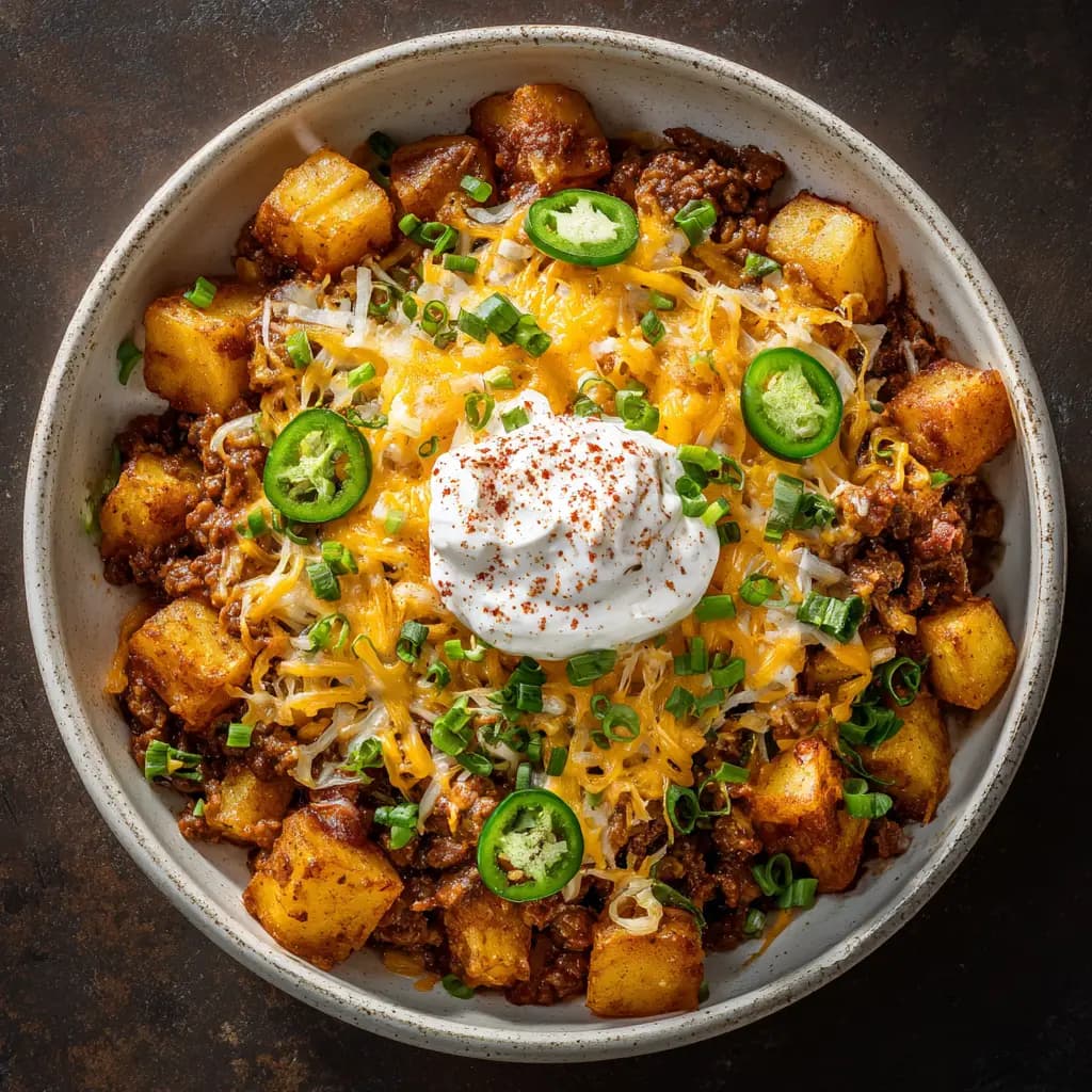 Chili Cheese Potato Skillet with Crispy Russets and Cheddar
