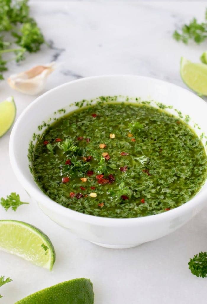 Easy Vegan Chimichurri Sauce with Parsley, Oregano, Garlic, and Lime