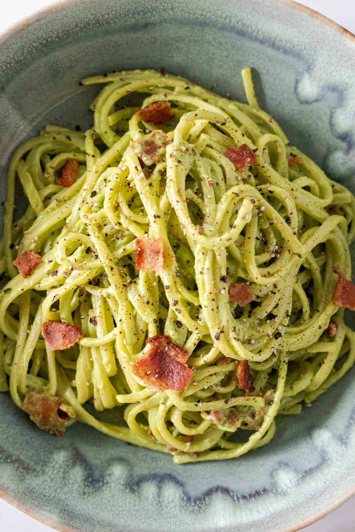 Avocado Carbonara with Creamy Kale Sauce, Bacon, and Parmesan