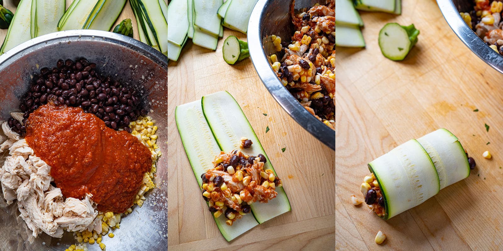 Zucchini Enchilada Roll Ups with Cheesy Chicken and Black Bean Filling
