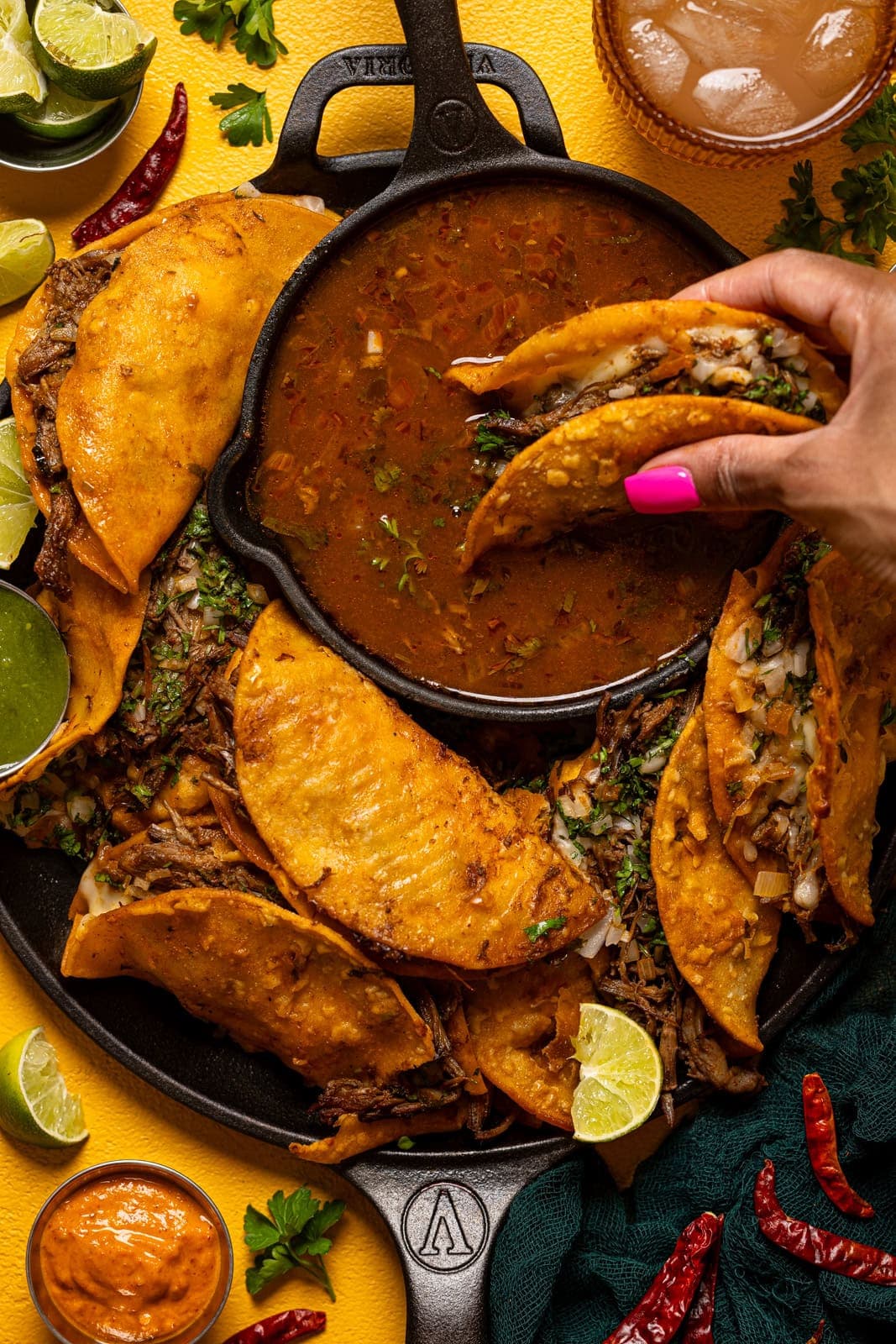 Beef Birria Tacos with Oaxaca Cheese and Crispy Corn Tortillas