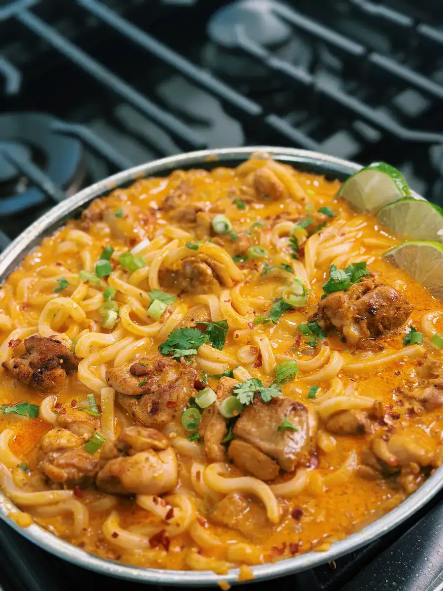 Coconut Red Curry Chicken Udon with Chewy Noodles and Juicy Chicken