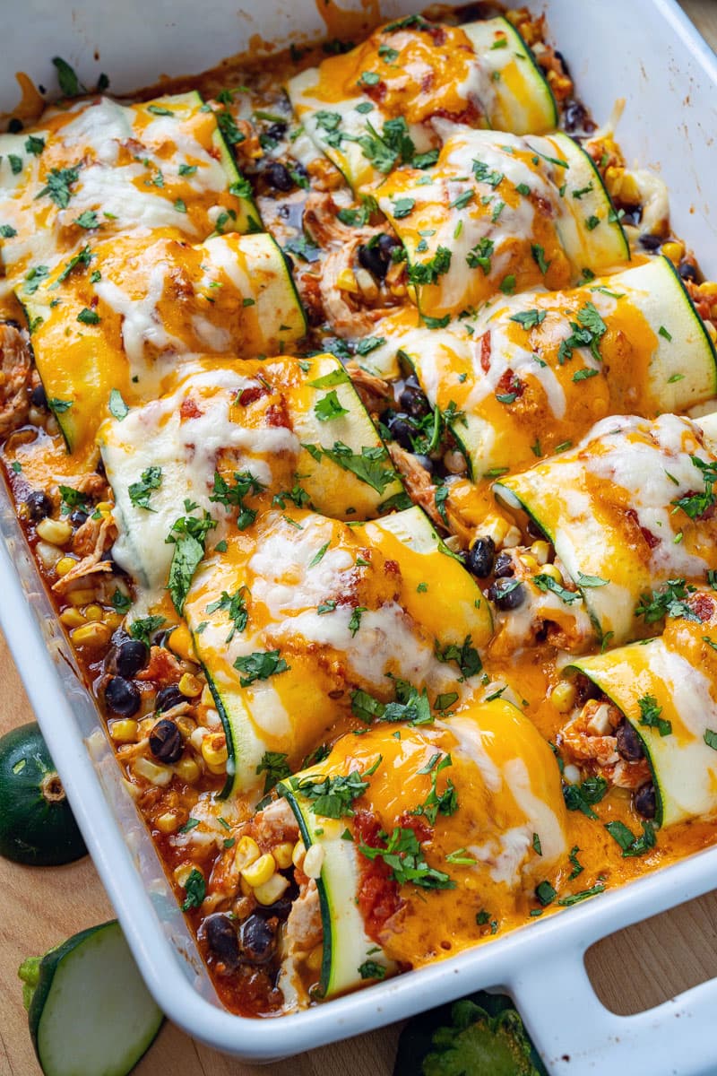 Zucchini Enchilada Roll Ups with Cheesy Chicken and Black Bean Filling