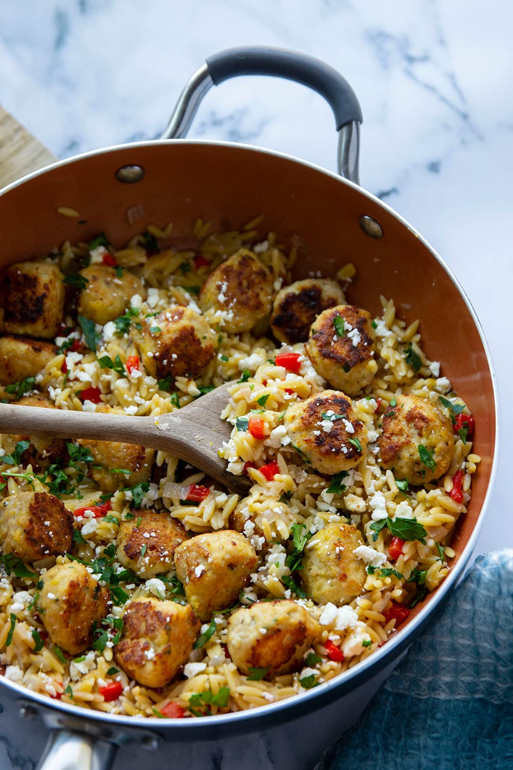 One-Pot Greek Meatballs and Orzo with Feta and Lemon