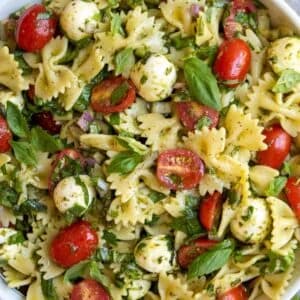 Italian Bow Tie Pasta Salad with Pesto, Bocconcini, and Cherry Tomatoes