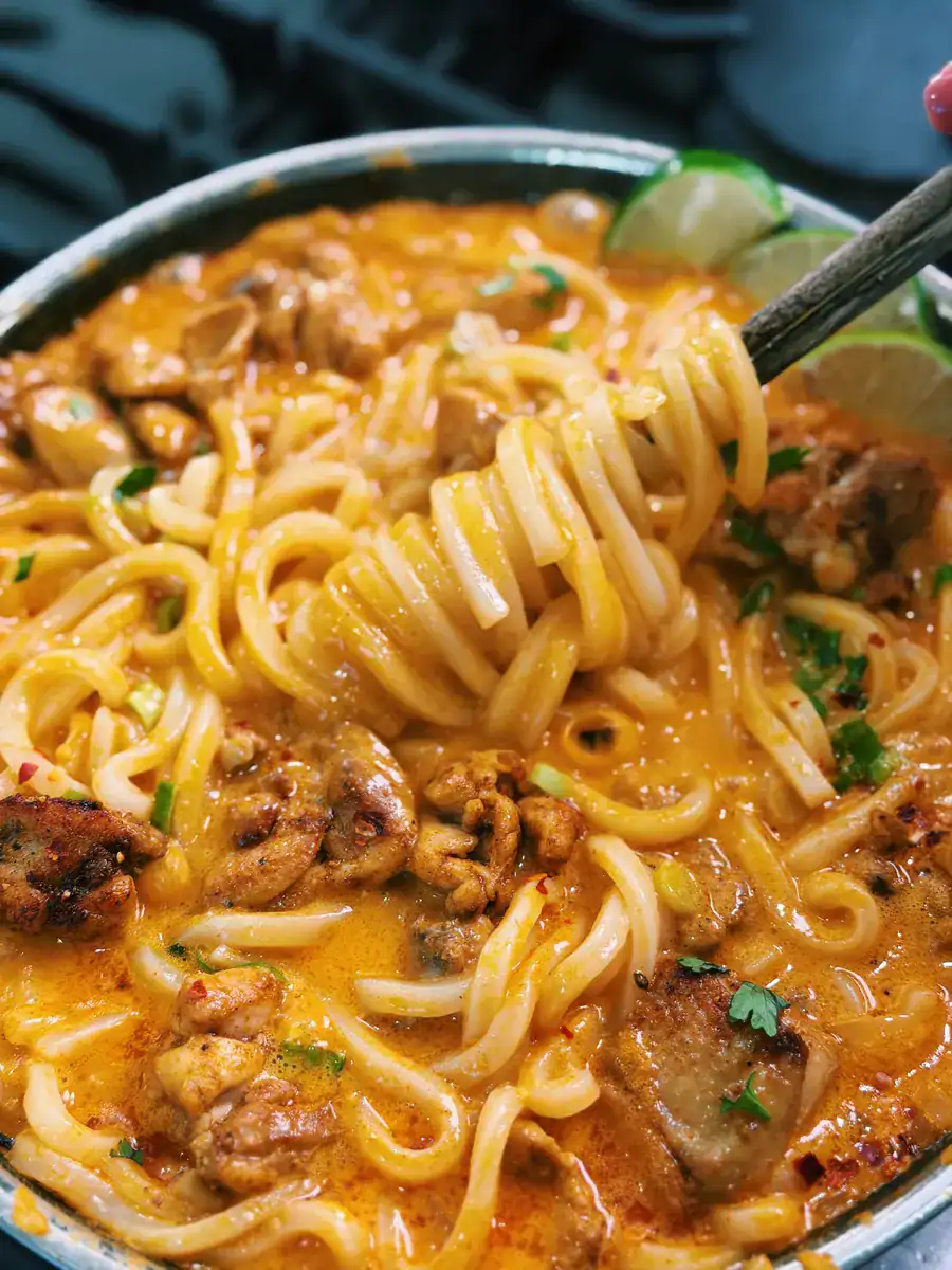 Coconut Red Curry Chicken Udon with Chewy Noodles and Juicy Chicken