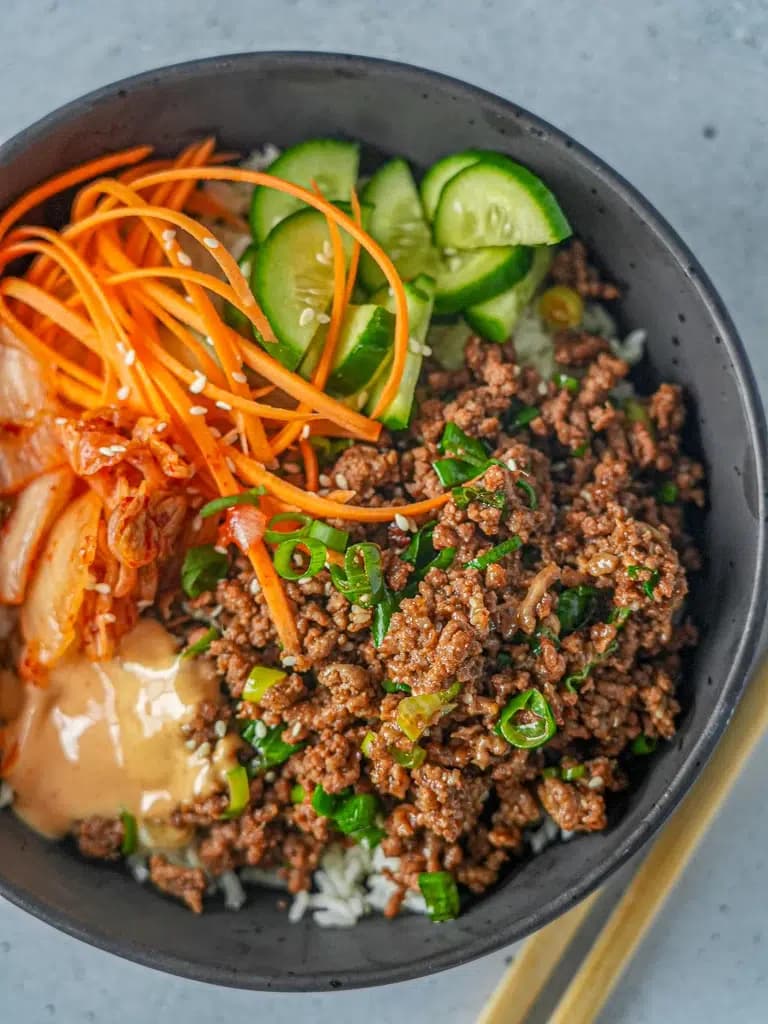 Korean Beef Rice Bowls With Creamy Gochujang Mayo and Kimchi