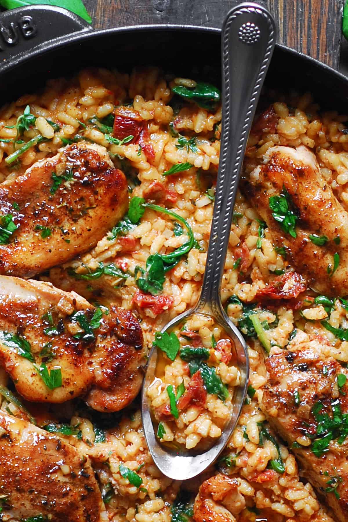 Chicken Risotto with Sun-Dried Tomatoes, Spinach, and Parmesan
