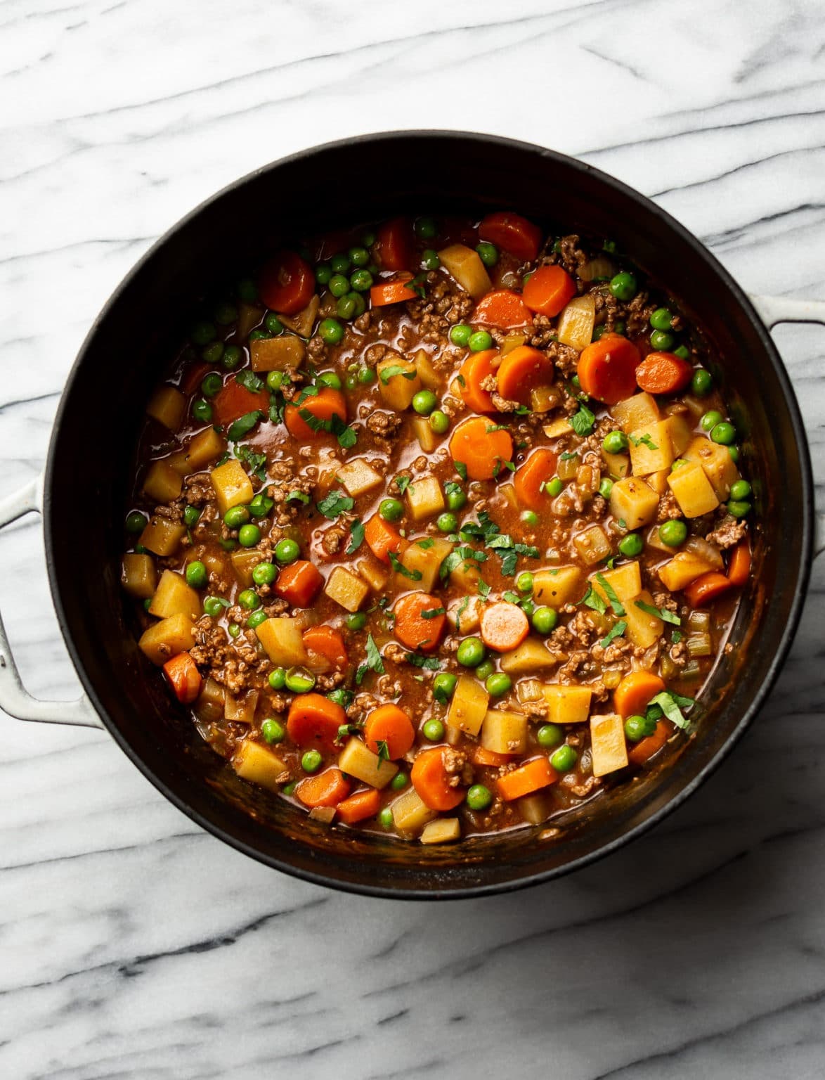 Hamburger Stew with Tender Potatoes and Savory Beef Broth
