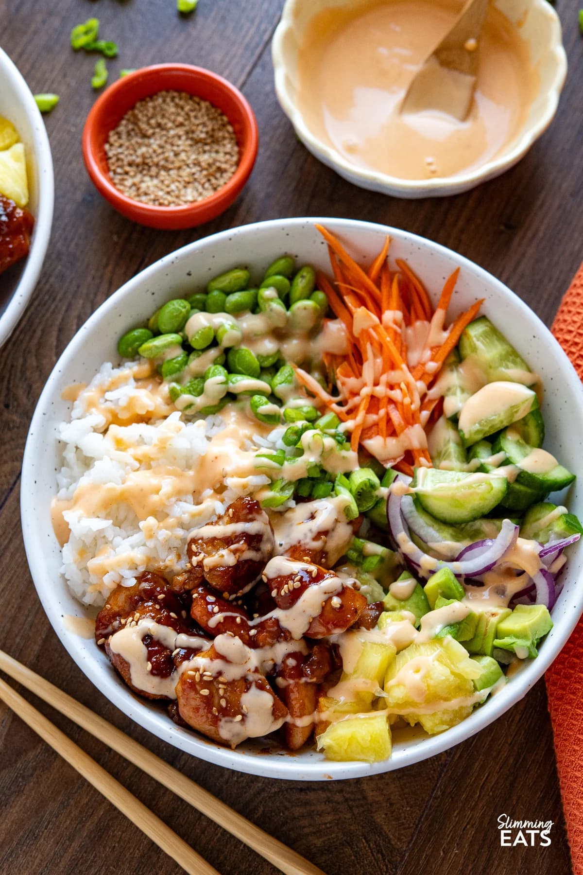 Hawaiian Chicken Poke Bowl with Sticky Chicken, Pineapple, and Spicy Mayo