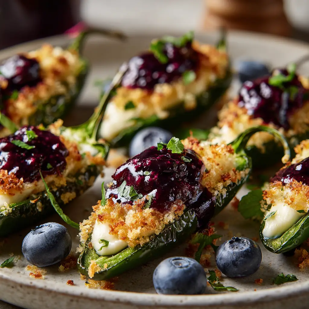 Blueberry Brie Jalapeño Poppers with Bacon and Blueberry Sauce