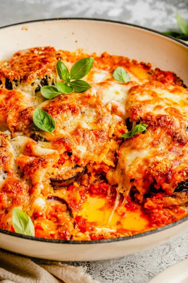 Eggplant Parmesan with Crisp Pan-Fried Layers and Bubbly Cheese