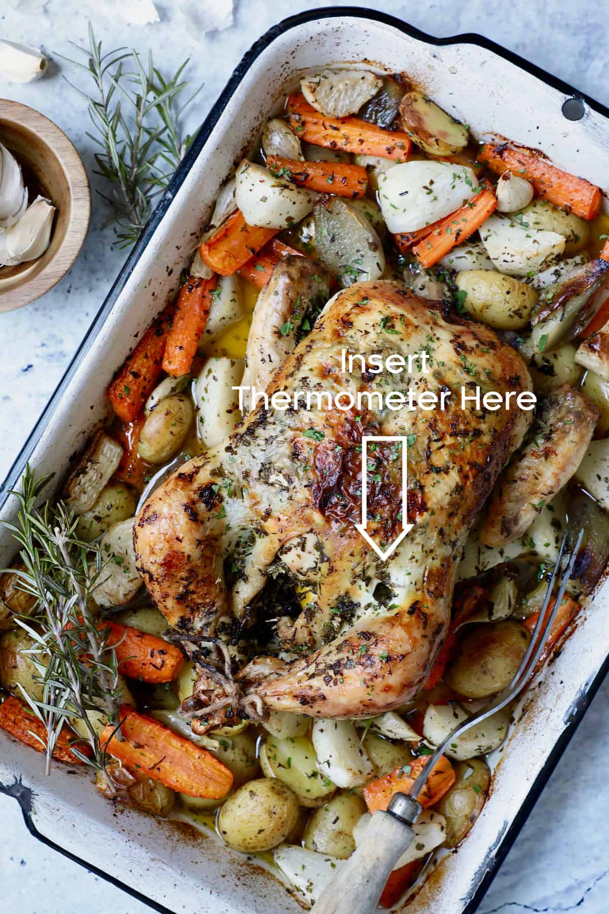 Garlic Herb Butter Roast Chicken with Lemony Root Vegetables