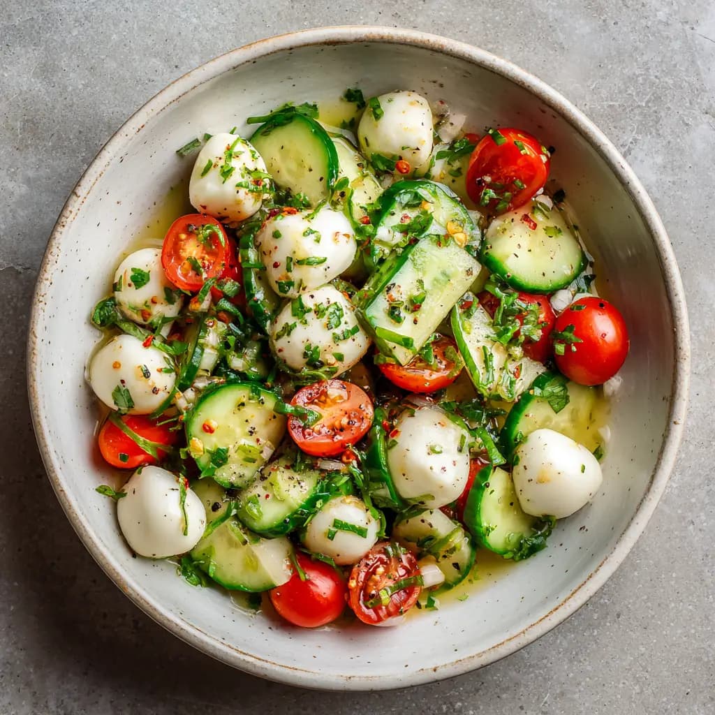 Cucumber Mozzarella Salad with Cherry Tomatoes and Clear Vinaigrette