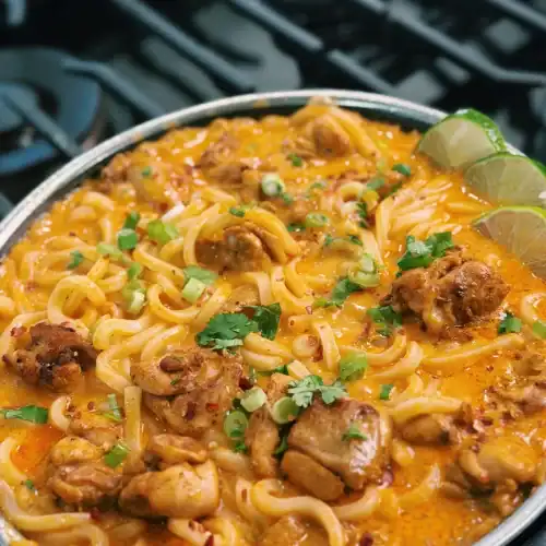 Coconut Red Curry Chicken Udon with Chewy Noodles and Juicy Chicken
