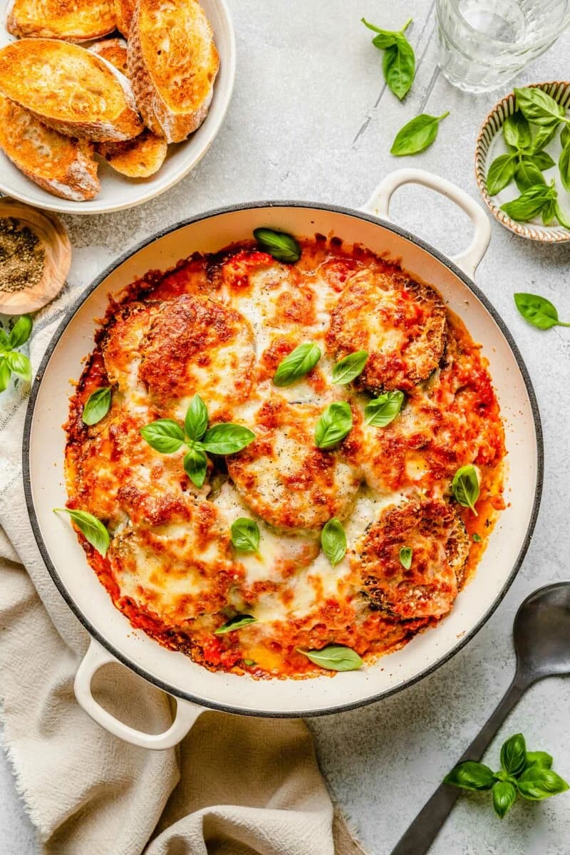 Eggplant Parmesan with Crisp Pan-Fried Layers and Bubbly Cheese