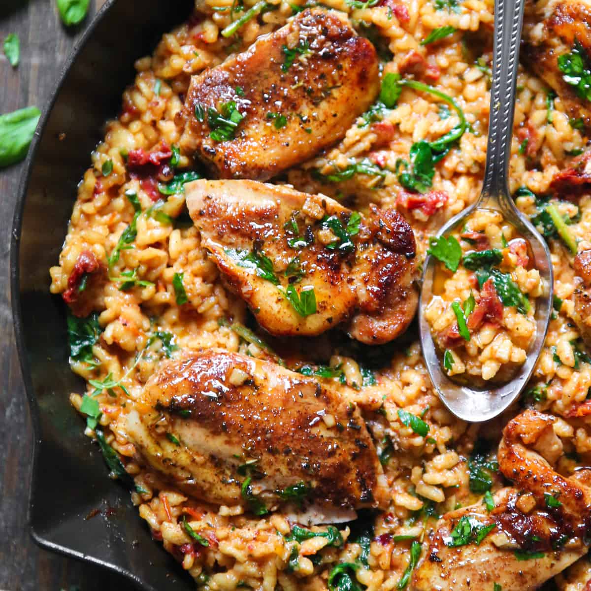 Chicken Risotto with Sun-Dried Tomatoes, Spinach, and Parmesan