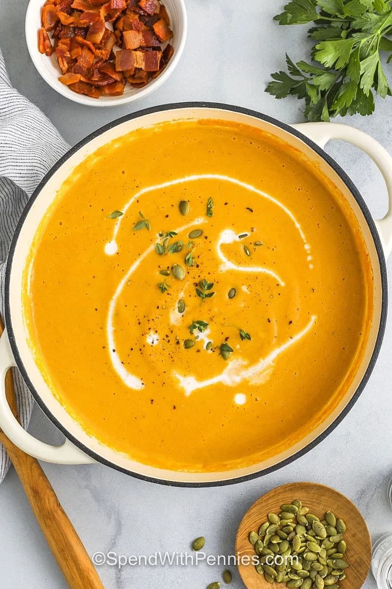 Creamy Pumpkin Soup With Smoky Bacon and Crunchy Croutons