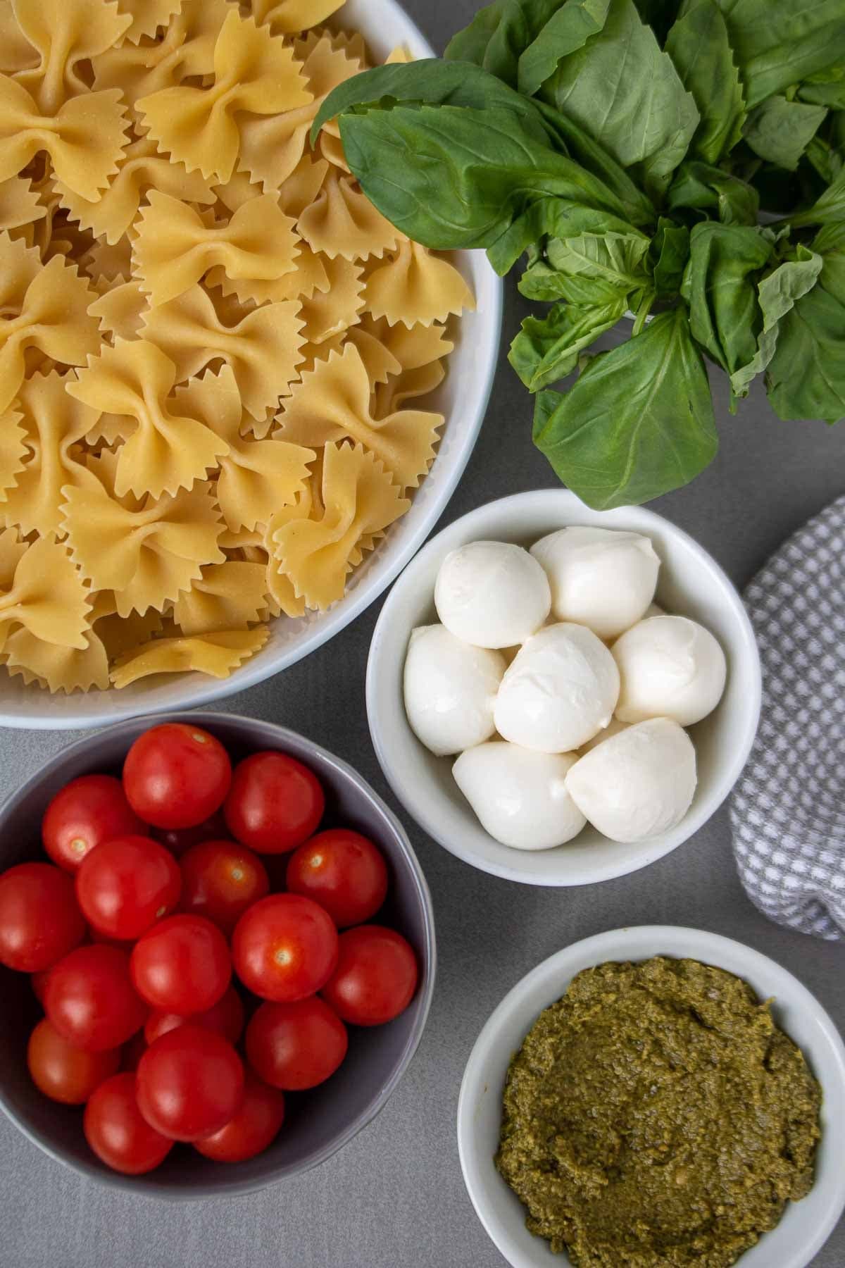 Italian Bow Tie Pasta Salad with Pesto, Bocconcini, and Cherry Tomatoes