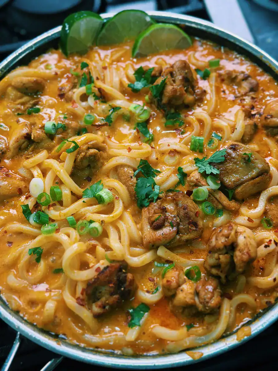 Coconut Red Curry Chicken Udon with Chewy Noodles and Juicy Chicken