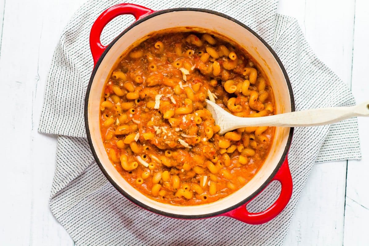 One Pot Pasta with Cheesy Lentil Sauce: Creamy Tomato Family Dinner