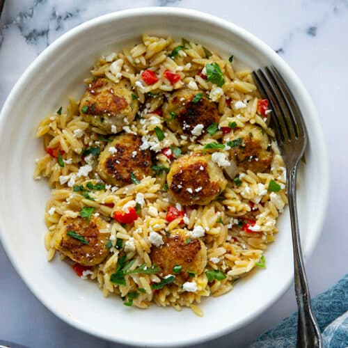 One-Pot Greek Meatballs and Orzo with Feta and Lemon